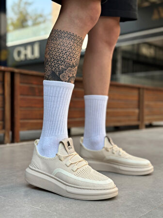 Pabucmarketi Bağcık Detaylı Triko Erkek Spor Ayakkabı KREM (BEYAZ TABAN)