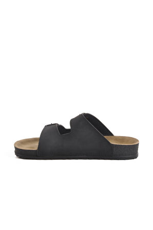 Aspor Siyah Çift Tokalı Anatomik Kadın Düz Terlik