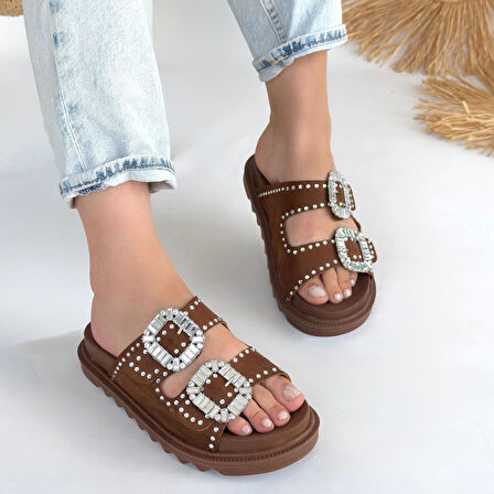 Pabucmarketi Taba Nubuk Çift Tokalı Taşlı Kadın Düz Terlik