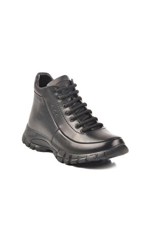 Voyager Siyah Hakiki Deri Fermuarlı Bağcık Detaylı Kadın Düz Bot