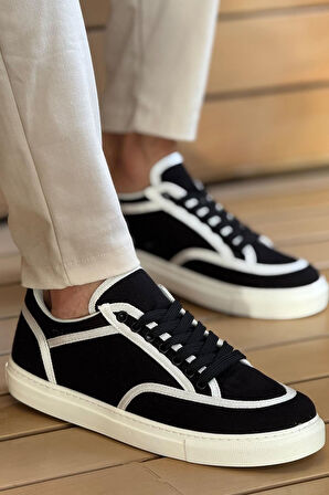 Pabucmarketi Keten Bağcıklı Erkek Günlük Ayakkabı Siyah Beyaz