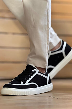 Pabucmarketi Keten Bağcıklı Erkek Günlük Ayakkabı Siyah Beyaz