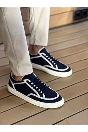 Pabucmarketi Keten Bağcıklı Erkek Günlük Ayakkabı Lacivert Beyaz