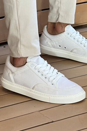 Pabucmarketi Keten Bağcıklı Erkek Günlük Ayakkabı Beyaz