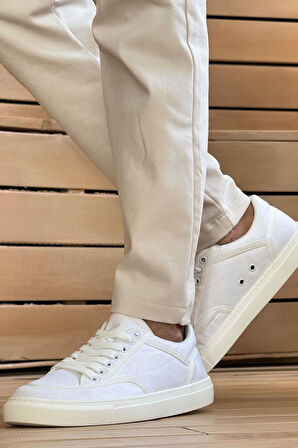 Pabucmarketi Keten Bağcıklı Erkek Günlük Ayakkabı Beyaz