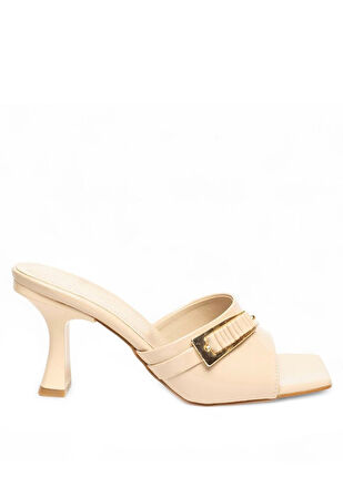 Pabucmarketi Bej Rugan Kadın Topuklu Terlik