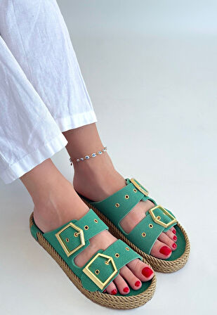 Pabucmarketi Yeşil Nubuk Çift Tokalı Kadın Düz Terlik