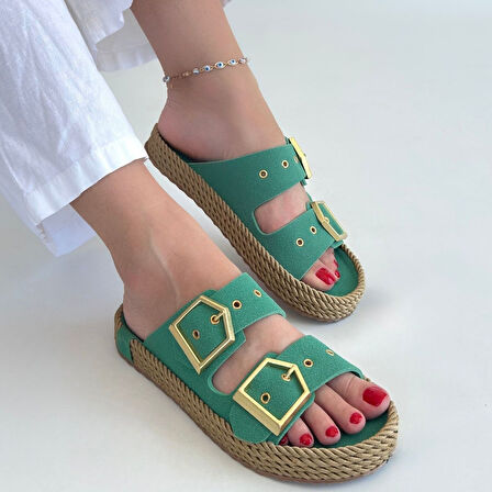 Pabucmarketi Yeşil Nubuk Çift Tokalı Kadın Düz Terlik