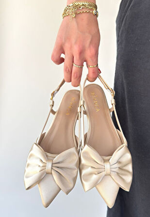 Pabucmarketi Bej Saten Kadın Alçak Topuk Ayakkabı