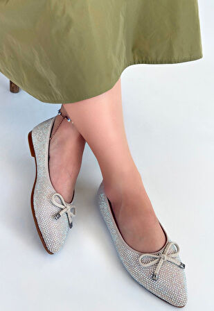 Pabucmarketi Bej Saten İşlemeli Kadın Babet