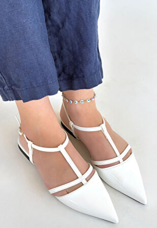 Pabucmarketi Beyaz Rugan Kadın Alçak Topuk Ayakkabı