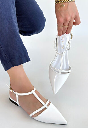 Pabucmarketi Beyaz Rugan Kadın Alçak Topuk Ayakkabı