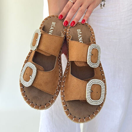 Pabucmarketi Vizon Nubuk Çift Tokalı Kadın Düz Terlik