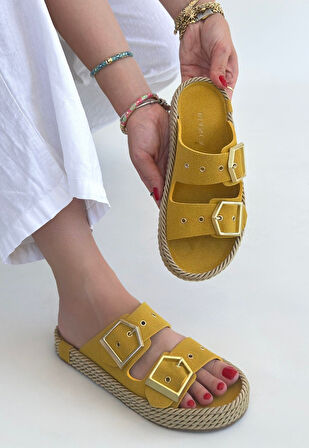 Pabucmarketi Sarı Nubuk Çift Tokalı Kadın Düz Terlik