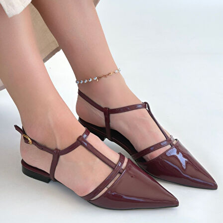 Pabucmarketi Bordo Rugan Kadın Alçak Topuk Ayakkabı