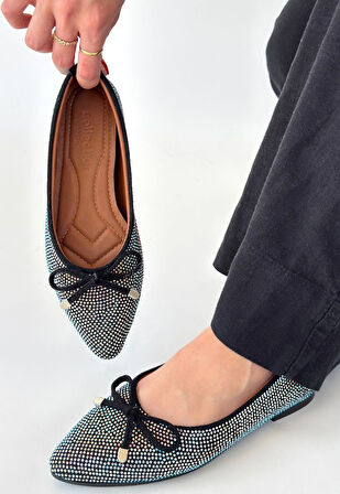 Pabucmarketi Siyah Saten İşlemeli Kadın Babet