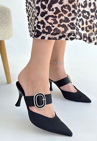 Pabucmarketi Siyah Saten Kadın Topuklu Terlik