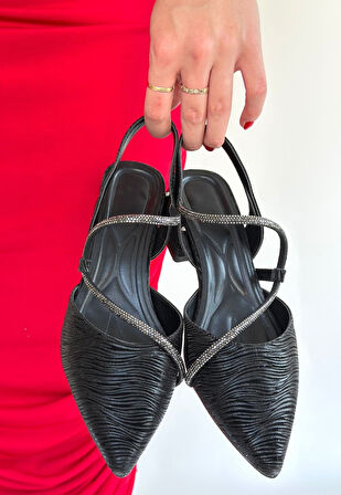 Pabucmarketi Siyah Simli Kadın Topuklu Ayakkabı