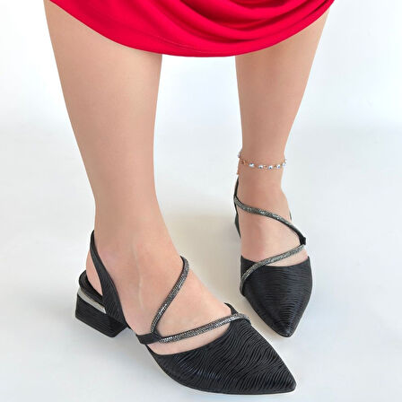 Pabucmarketi Siyah Simli Kadın Topuklu Ayakkabı