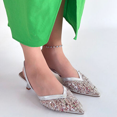 Pabucmarketi Gümüş Saten Kadın Topuklu Ayakkabı