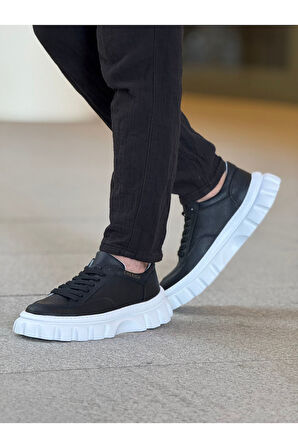 Pabucmarketi Bağcıklı Erkek Casual Ayakkabı Siyah (Beyaz Taban)