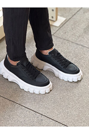 Pabucmarketi Bağcıklı Erkek Casual Ayakkabı Siyah (Beyaz Taban)