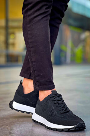 Pabucmarketi Bağcıklı Triko Erkek Sneaker Ayakkabı Siyah