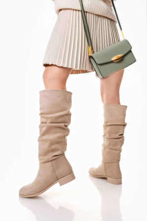 Pabucmarketi Bej Süet Körüklü Kadın Topuklu Çizme