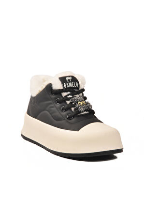 Gamelu Siyah İçi Kürklü Bağcıklı Kadın Sneaker