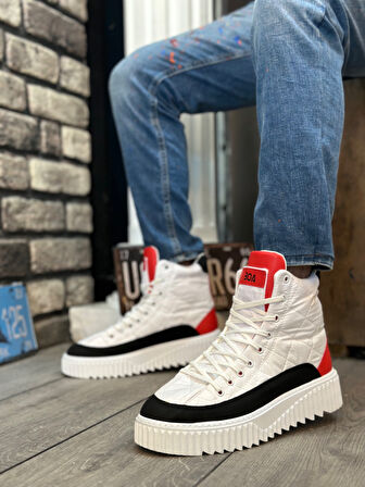 Pabucmarketi Bağcıklı Paraşüt Kumaş Kırmızı Detaylı Erkek Spor Bot BEYAZ (BEYAZ TABAN)