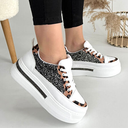 Pabucmarketi Beyaz Siyah Simli Bağcıklı Kadın Spor Ayakkabı