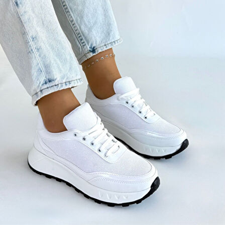 Pabucmarketi Beyaz Bağcıklı Kadın Spor Ayakkabı