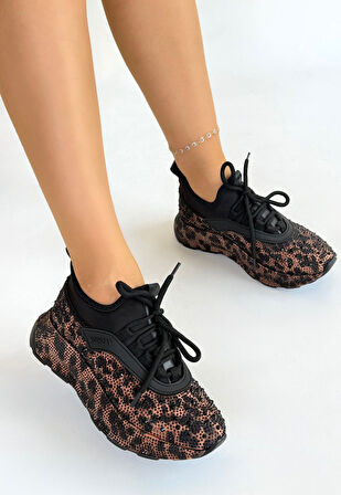 Pabucmarketi Kahverengi Boncuk İşlemeli Kadın Spor Ayakkabı