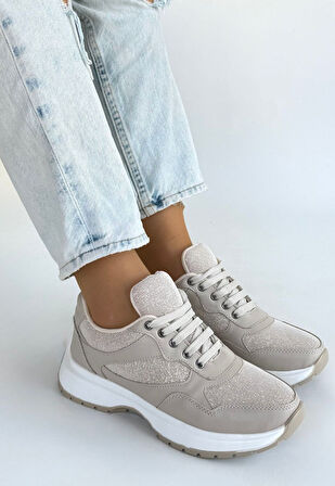 Pabucmarketi Bej Bağcıklı Kadın Spor Ayakkabı