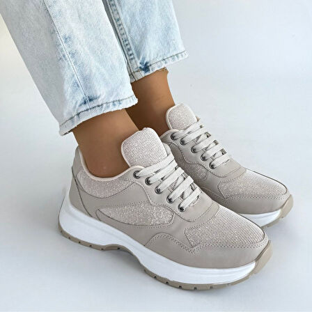 Pabucmarketi Bej Bağcıklı Kadın Spor Ayakkabı