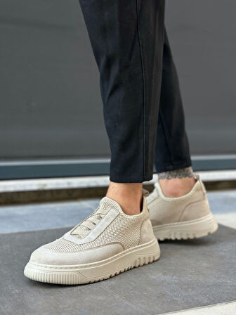 Pabucmarketi Bağcıksız Lastik Detaylı Triko Erkek Hi Sneaker BEJ (BEJ TABAN)