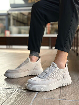 Pabucmarketi Bağcıksız Lastik Detaylı Triko Erkek Hi Sneaker BEJ (BEJ TABAN)