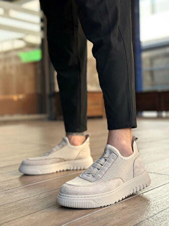 Pabucmarketi Bağcıksız Lastik Detaylı Triko Erkek Hi Sneaker BEJ (BEJ TABAN)