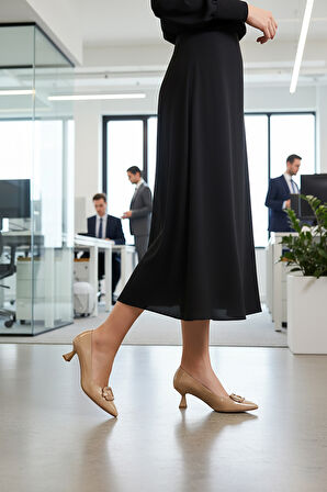 Aspor Bej Kırışık Kadın Topuklu Ayakkabı