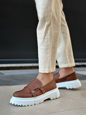 Pabucmarketi Bağcıksız Çift Tokalı Erkek Casual Ayakkabı TABA (BEYAZ TABAN)