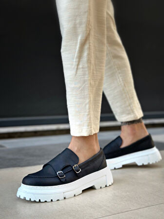 Pabucmarketi Bağcıksız Çift Tokalı Erkek Casual Ayakkabı SİYAH (BEYAZ TABAN)