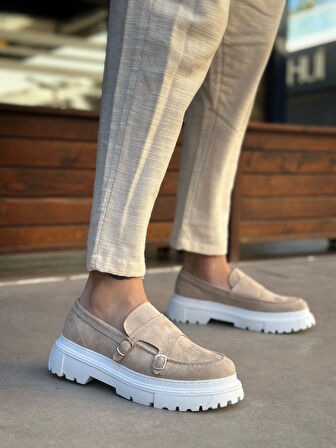 Pabucmarketi Bağcıksız Çift Tokalı Erkek Casual Ayakkabı KREM SÜET (BEYAZ TABAN)