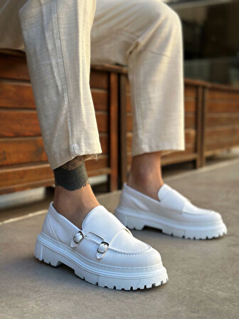 Pabucmarketi Bağcıksız Çift Tokalı Erkek Casual Ayakkabı BEYAZ (BEYAZ TABAN)
