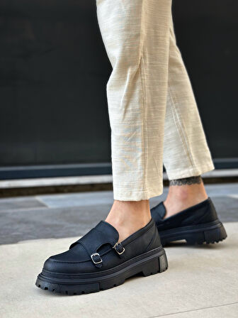 Pabucmarketi Bağcıksız Çift Tokalı Erkek Casual Ayakkabı SİYAH (SİYAH TABAN)