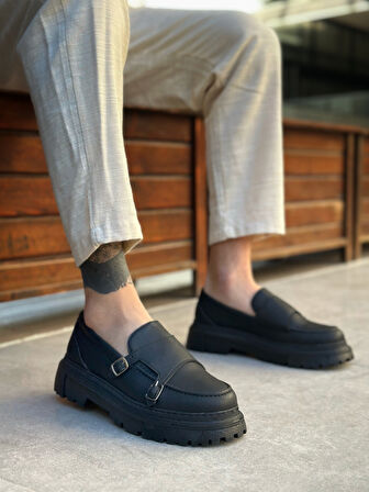 Pabucmarketi Bağcıksız Çift Tokalı Erkek Casual Ayakkabı SİYAH (SİYAH TABAN)