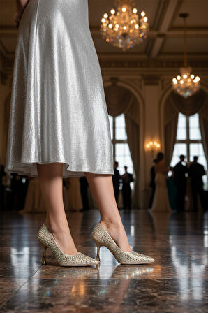 Pierre Cardin Altın Taş İşlemeli Kadın Abiye Ayakkabı