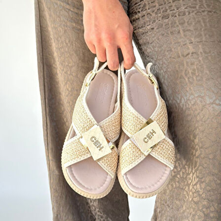 Pabucmarketi Bej Hasır Kadın Düz Sandalet