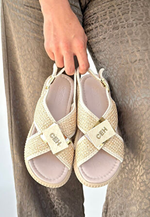 Pabucmarketi Bej Hasır Kadın Düz Sandalet