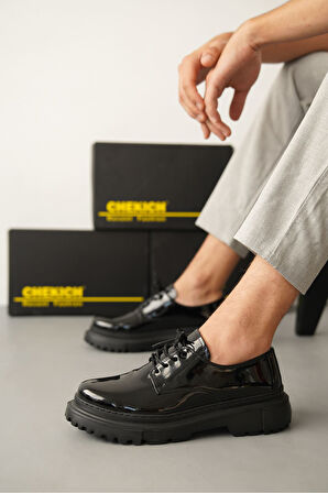 Pabucmarketi Bağcıklı Erkek Günlük Ayakkabı Siyah Rugan