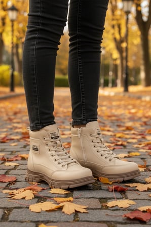 Aspor Bej İçi Kürklü Fermuarlı Bağcıklı Kadın Sneaker Bot